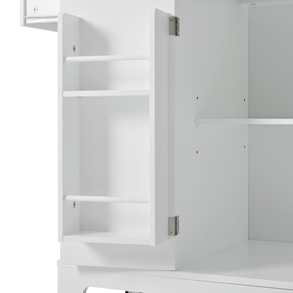 K&K Fluted Kitchen Island with Trash Can Storage Cabinet, Power Outlet, Internal Storage Rack, Rolling Kitchen Islands on 5 Wheels with 3 Drawer, 3 Open Side Racks for 10 Gallon Garbage Bin, White - Grand Goldman Shop