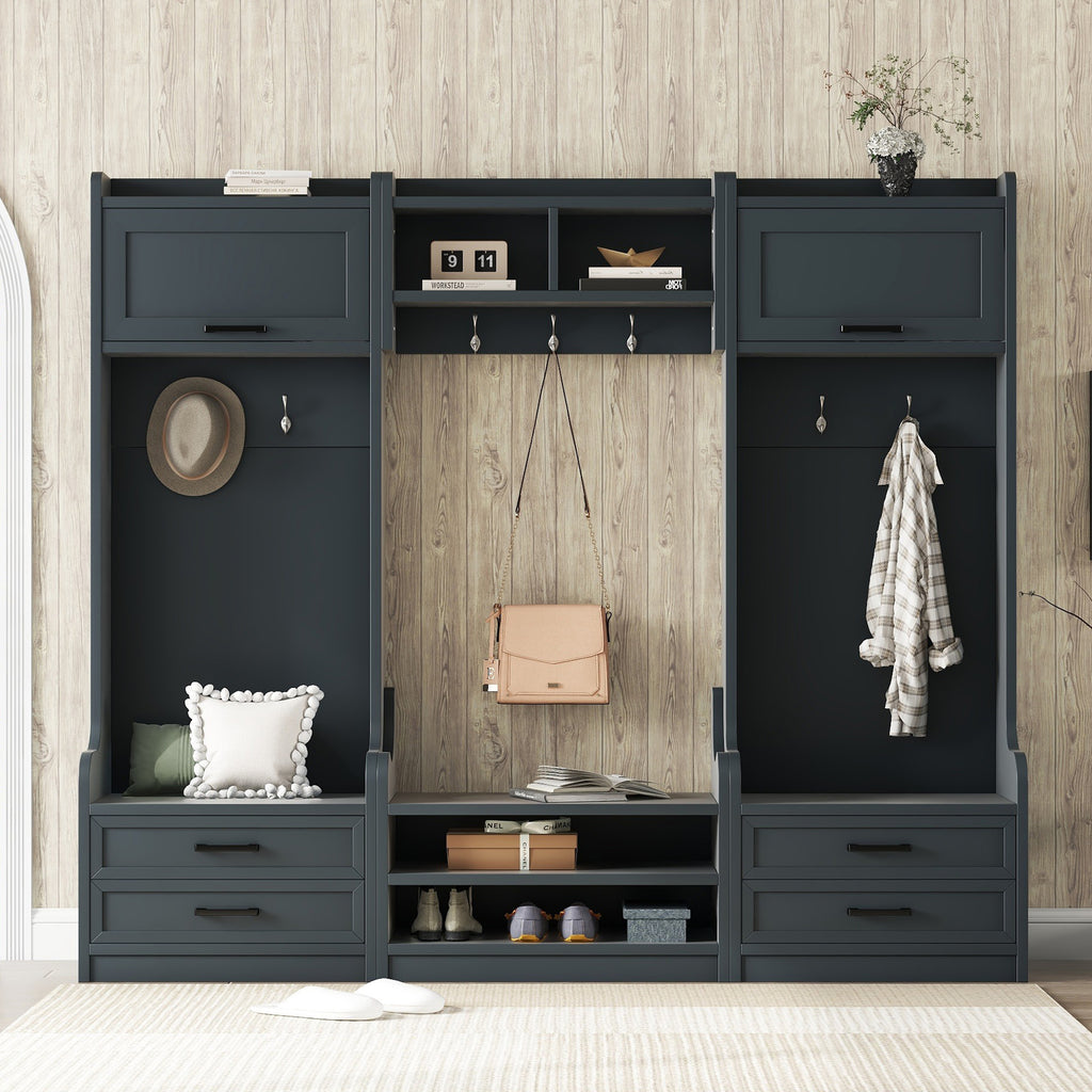4-in-1 Detachable Hall Tree with Storage and 7 Hooks, Multiple Functions Hallway Coat Rack with Storage Drawers and Cabinet, Antique Blue Shoe Bench for Entryway Hallway - Grand Goldman Shop