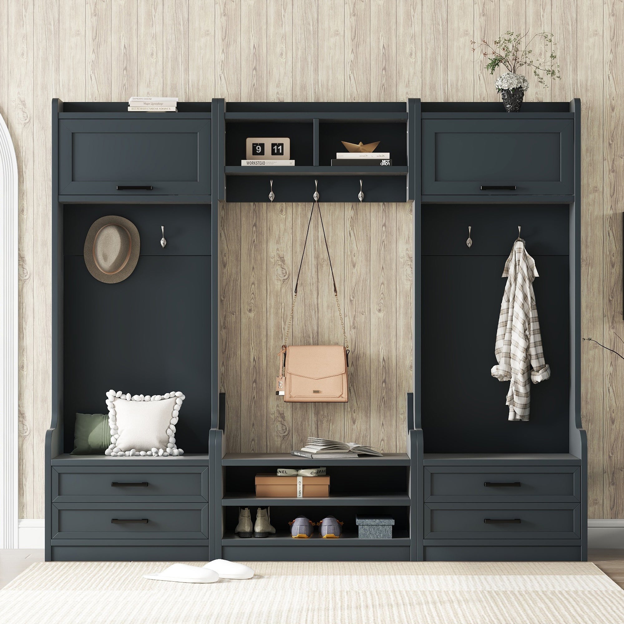 4-in-1 Detachable Hall Tree with Storage and 7 Hooks, Multiple Functions Hallway Coat Rack with Storage Drawers and Cabinet, Antique Blue Shoe Bench for Entryway Hallway - Grand Goldman Shop