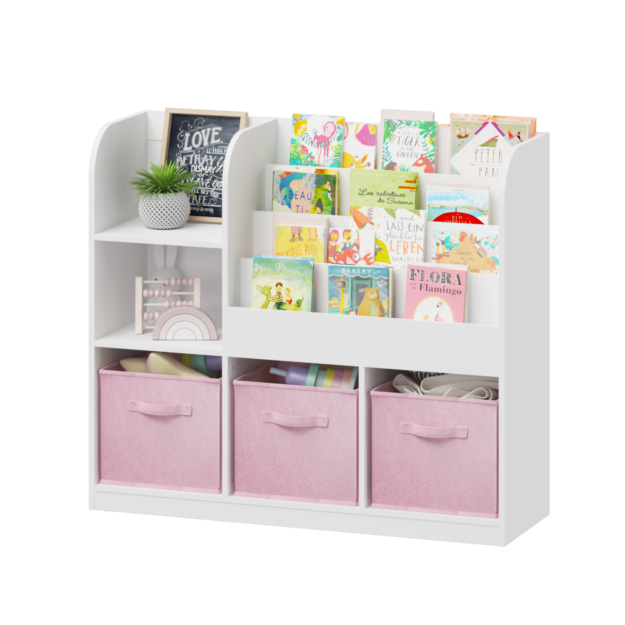 Kids Bookcase and Bookshelf with 3 Collapsible Fabric Drawers, Multifunctional White/Pink Display Stand for Bedroom, Playroom