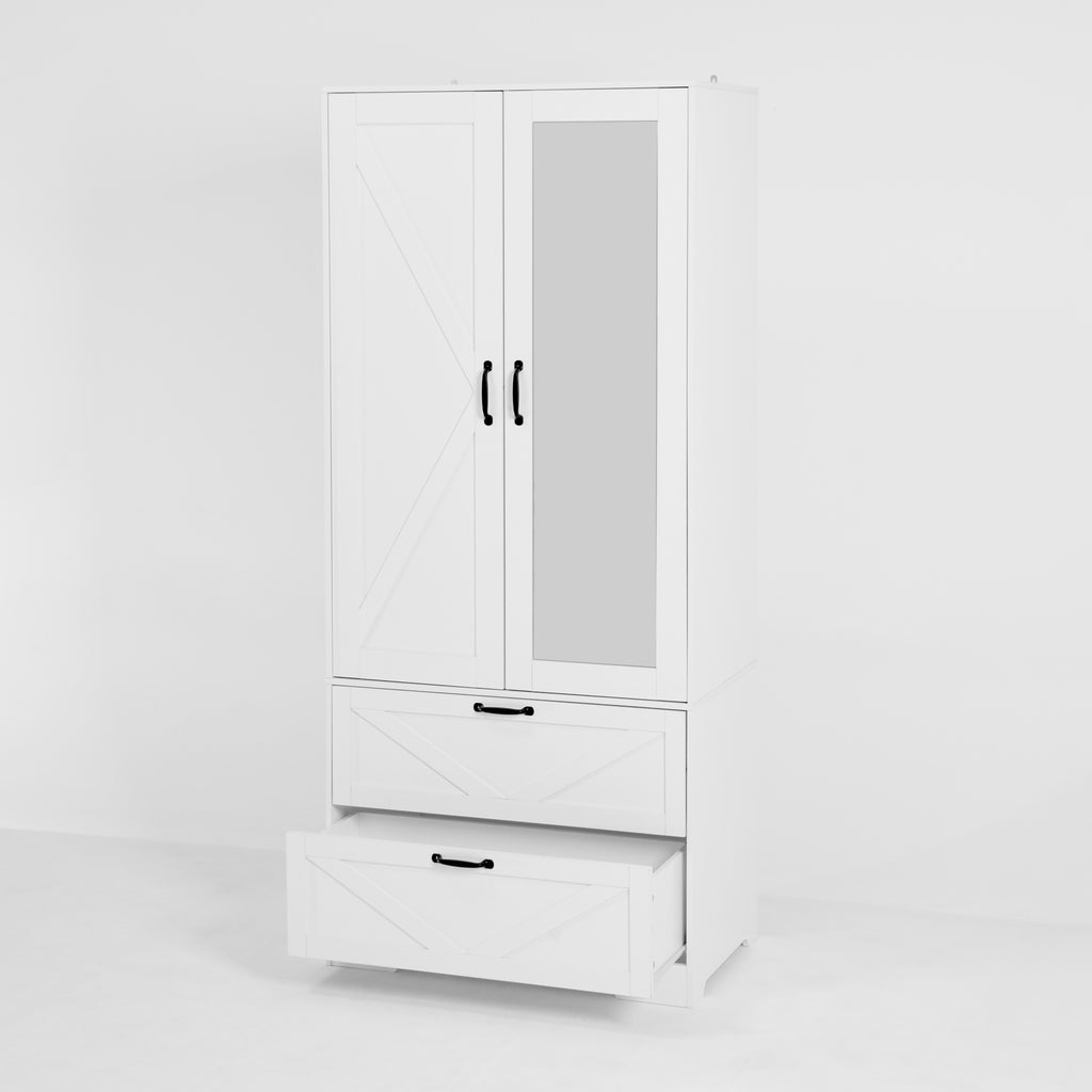 2 Door Wood Wardrobe for Bedroom with Hanging Clothing Rod inside the Cabinet and 2 Drawers for Storage Organization, Built-in induction light Multifunctional Closet with Mirror, White - Grand Goldman Shop
