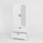 2 Door Wood Wardrobe for Bedroom with Hanging Clothing Rod inside the Cabinet and 2 Drawers for Storage Organization, Built-in induction light Multifunctional Closet with Mirror, White - Grand Goldman Shop