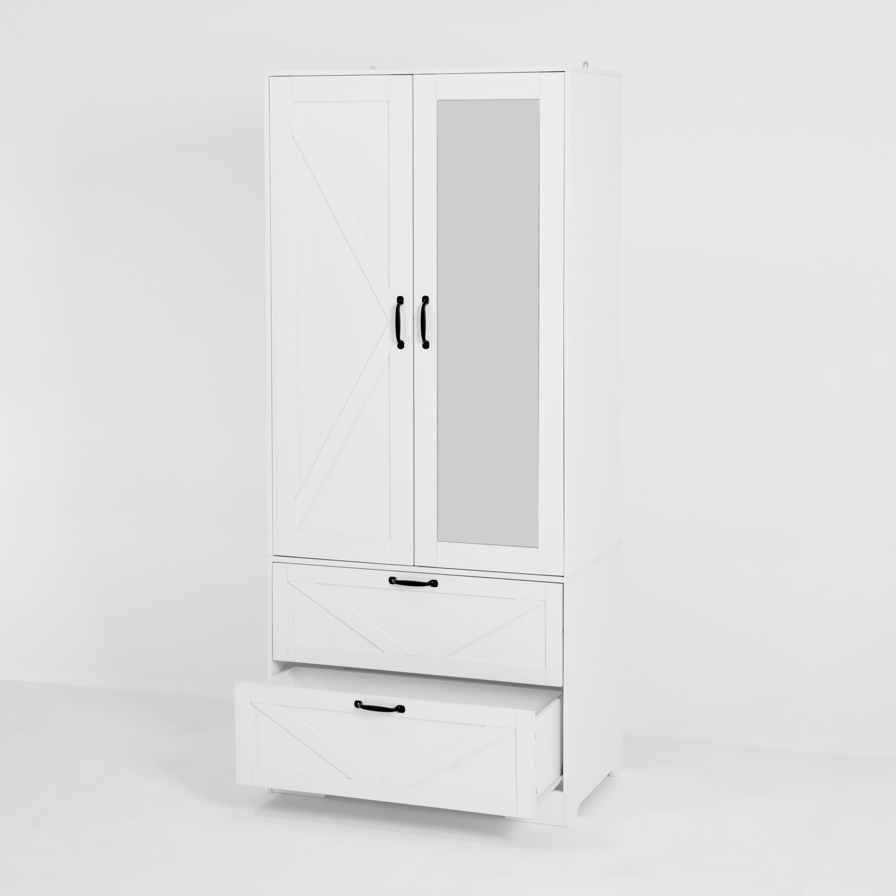 2 Door Wood Wardrobe for Bedroom with Hanging Clothing Rod inside the Cabinet and 2 Drawers for Storage Organization, Built-in induction light Multifunctional Closet with Mirror, White - Grand Goldman Shop