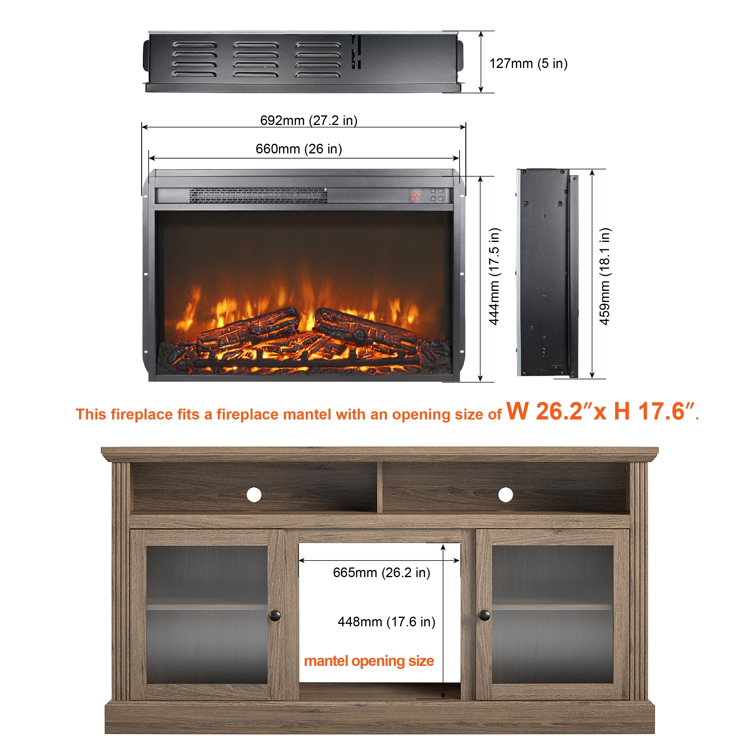 26 inch electric fireplace insert, ultra thin heater with log set & realistic flame, remote control with timer, overheating protection - Grand Goldman Shop