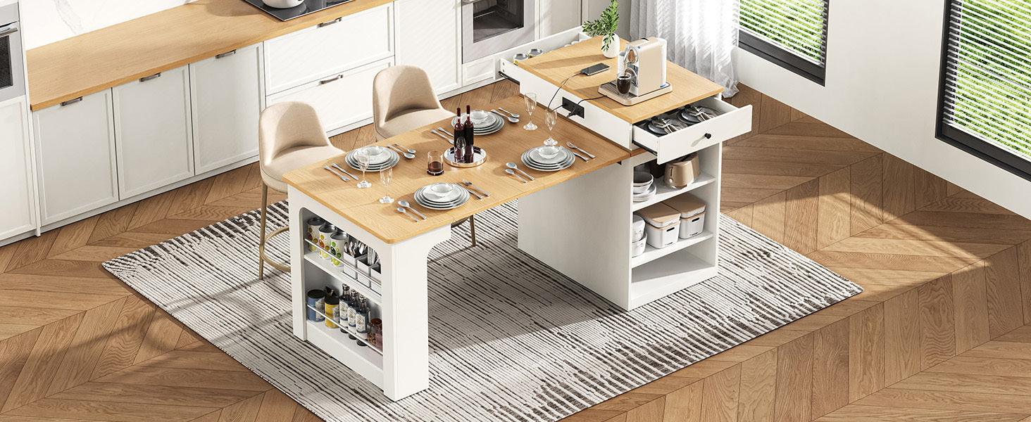 K&K 59.5' Kitchen Island with Extendable Dining Table, Kitchen Storage Table with Double-sided Storage, Kitchen Island with 2 Drawers, Power Outlet, Side Open Shelves, for Kitchen, Dining Room, White - Grand Goldman Shop