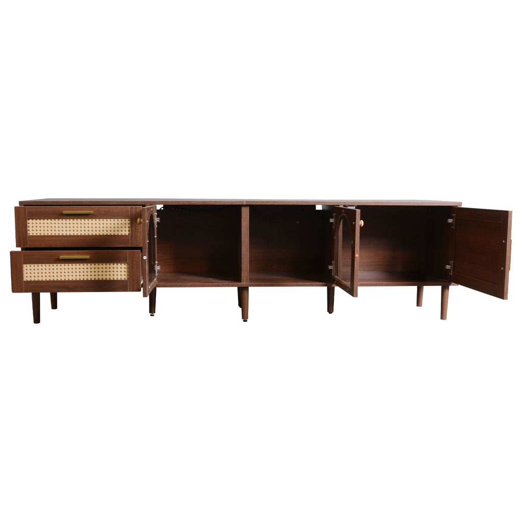 Dark Brown Rattan-inspired TV Stand with 3 Cabinets & 2 Drawers, LED Light Media Console for TVs up to 80'', MDF & Solid Wood Construction - Grand Goldman Shop