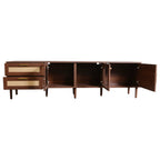 Dark Brown Rattan-inspired TV Stand with 3 Cabinets & 2 Drawers, LED Light Media Console for TVs up to 80'', MDF & Solid Wood Construction - Grand Goldman Shop