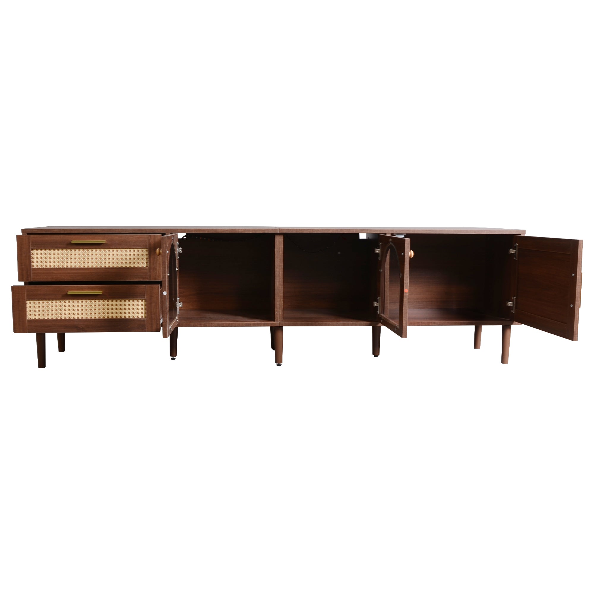 Dark Brown Rattan-inspired TV Stand with 3 Cabinets & 2 Drawers, LED Light Media Console for TVs up to 80'', MDF & Solid Wood Construction - Grand Goldman Shop
