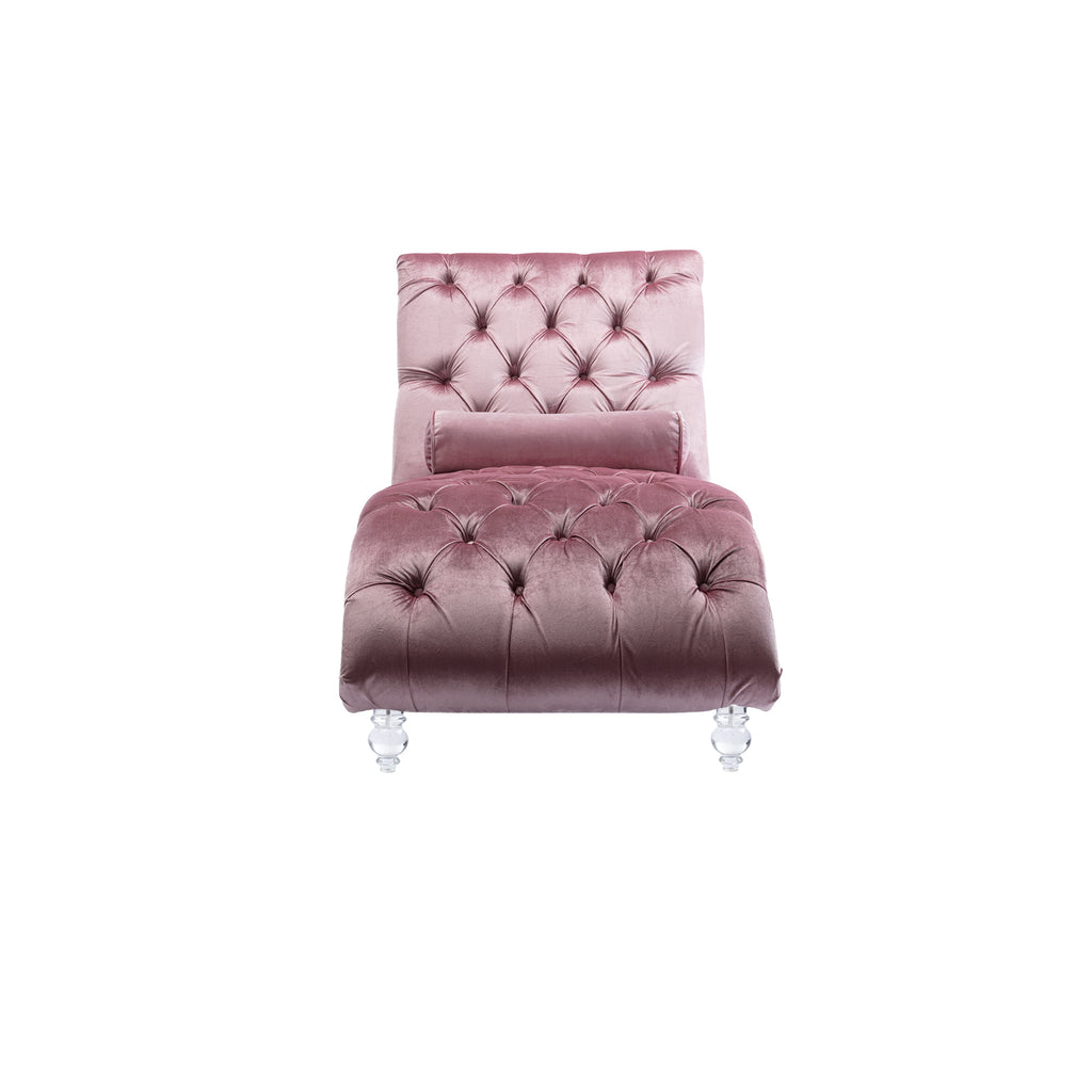 Velvet Chaise Lounge Indoor, Button-Tufted Upholstered Chaise Lounge Chair with Pillow in Pink Velvet, Comfortable Seating for Bedroom Living Room Office - Grand Goldman Shop