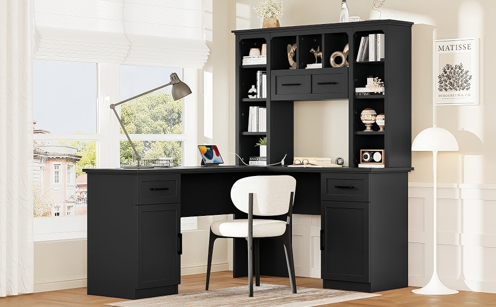 L-shaped computer desk with 2 cabinets and 2 drawers underneath the table, 11 open shelves and a flip-up shelf with storage o