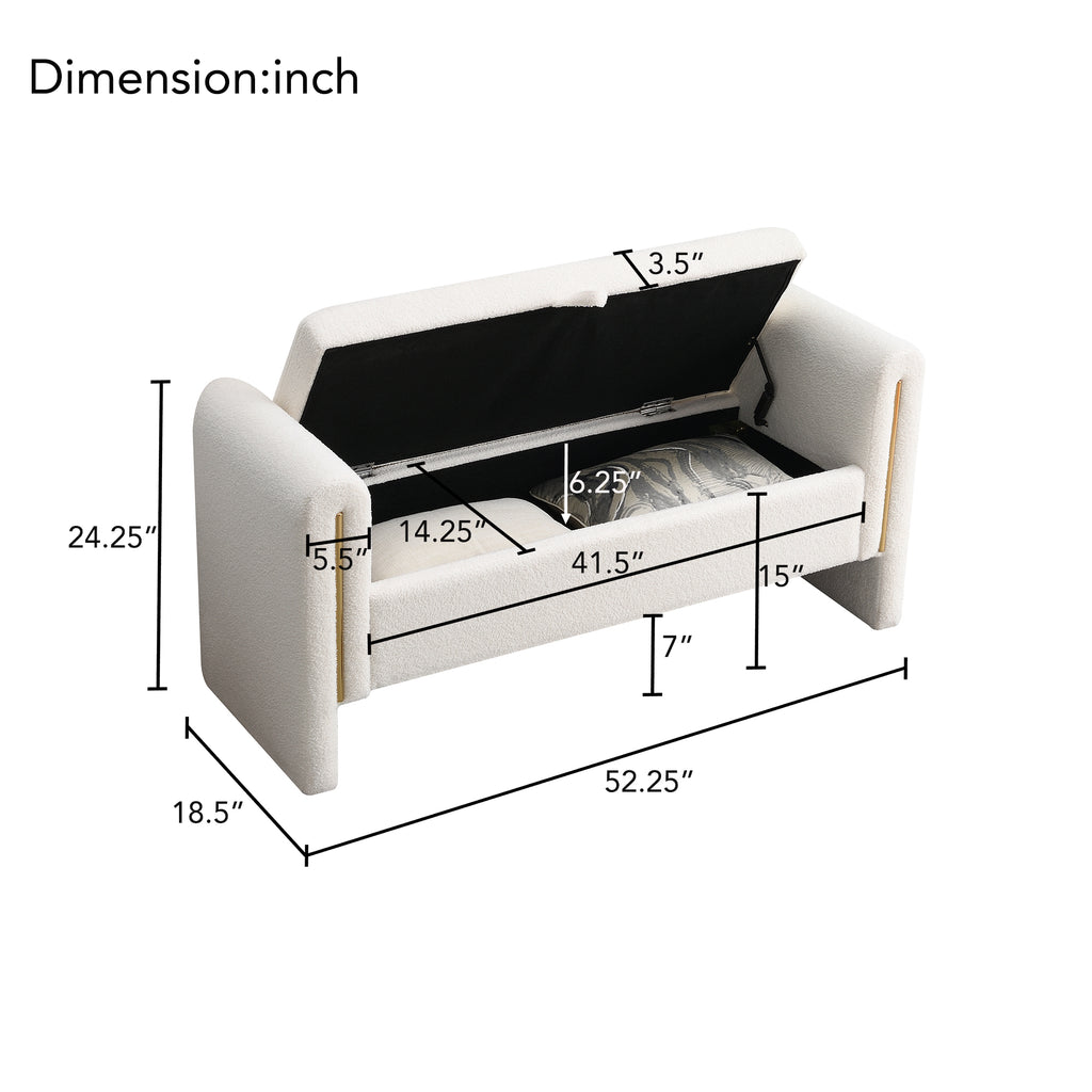 Modern Teddy Bed End Bench with Arms and Storage, Upholstered Large Foot Rest Stool, Cream Plywood, 52.3 x 18.5 x 24.4 inches - Grand Goldman Shop
