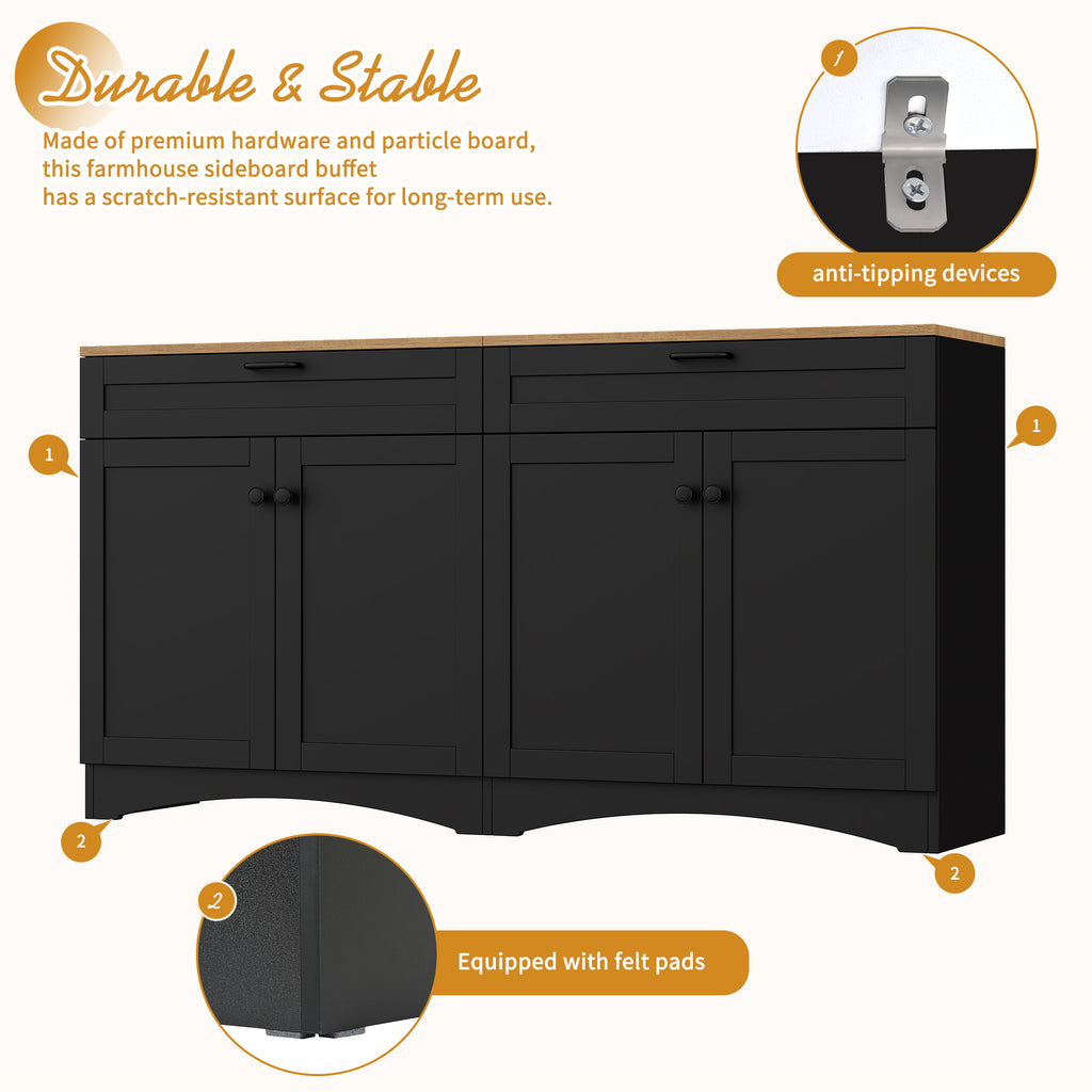 ON-TREND Farmhouse TV Stand with 2 Drawers for TVs Up to 70', Versatile Wood Grain Sideboard with Adjustable Shelves, Mid-Century Buffet Cabinet with Rustic Handles for Living Room/Bedroom, Black - Grand Goldman Shop