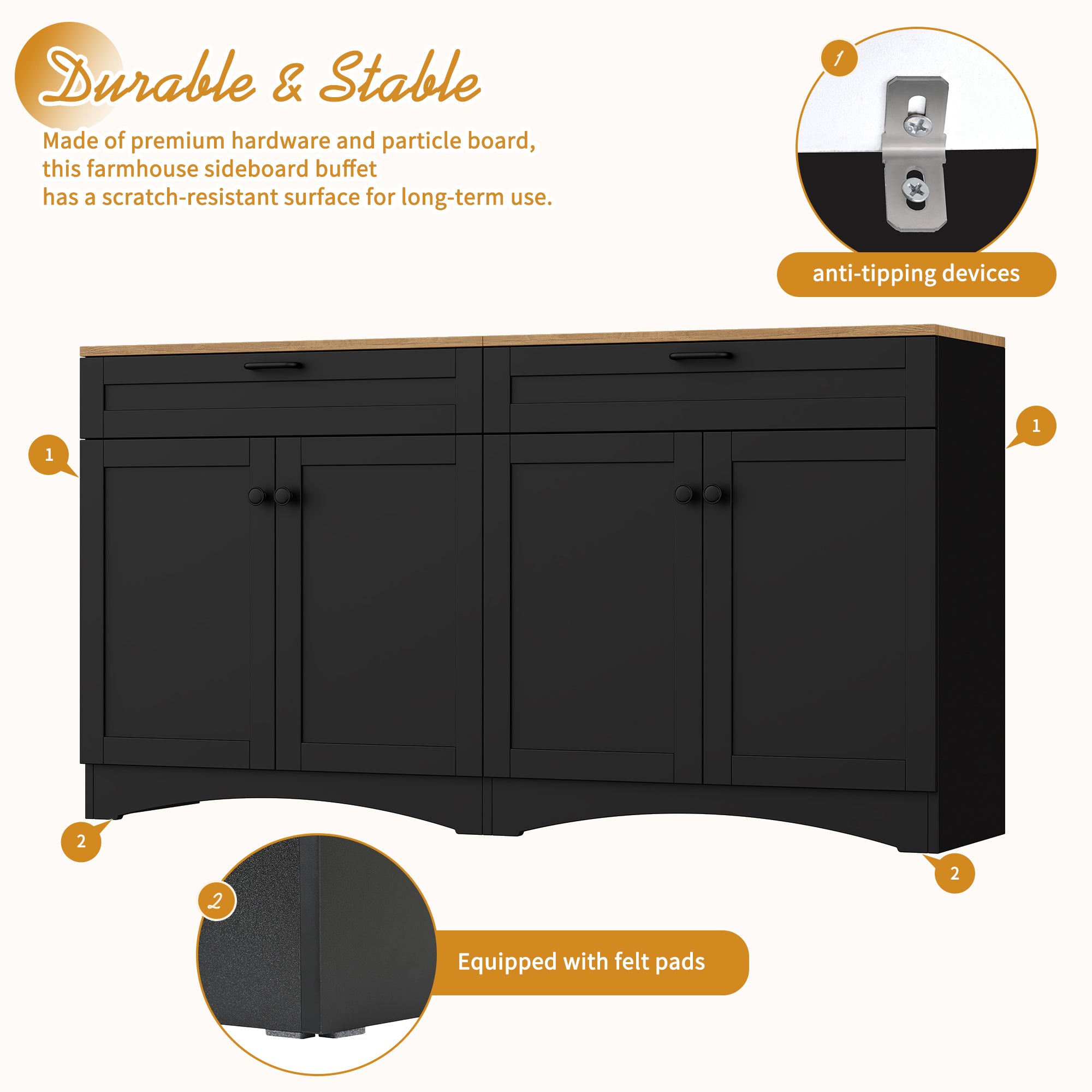 ON-TREND Farmhouse TV Stand with 2 Drawers for TVs Up to 70', Versatile Wood Grain Sideboard with Adjustable Shelves, Mid-Century Buffet Cabinet with Rustic Handles for Living Room/Bedroom, Black - Grand Goldman Shop