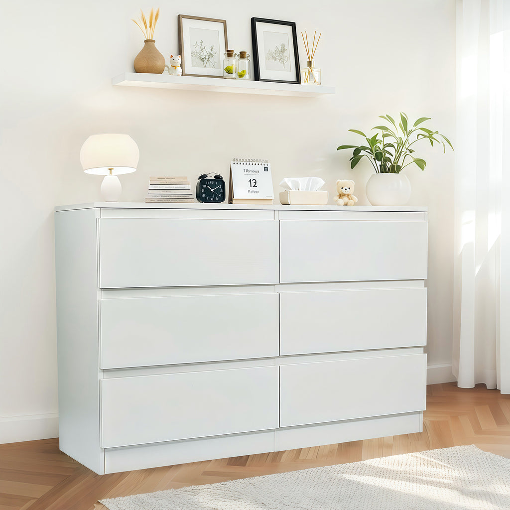 Modern 6 Drawer Dresser with Spacious Countertop and Concealed Handles, Storage Cabinet for Bedroom and Living Room, White MDF - Grand Goldman Shop