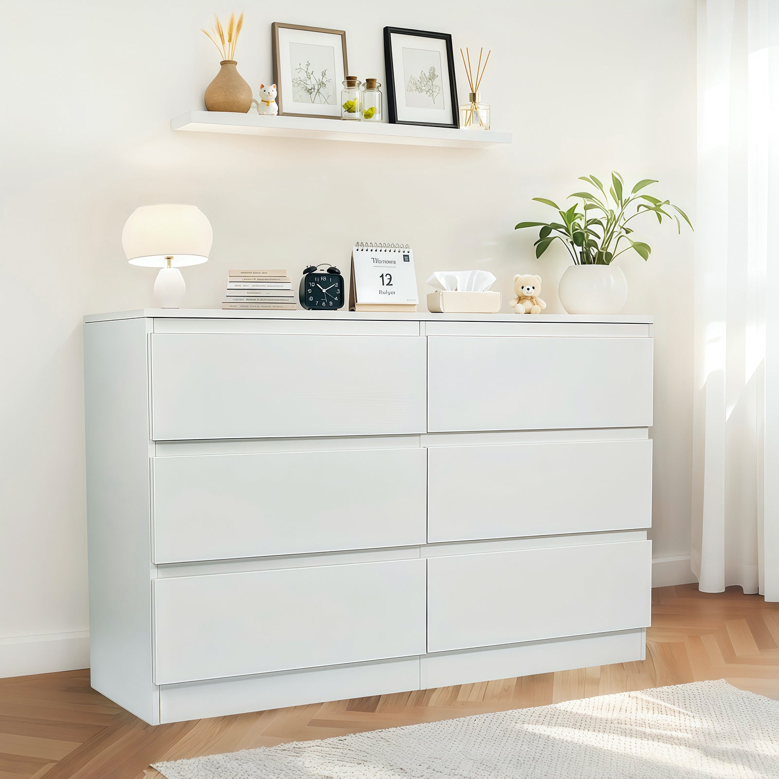 Modern 6 Drawer Dresser with Spacious Countertop and Concealed Handles, Storage Cabinet for Bedroom and Living Room, White MDF - Grand Goldman Shop