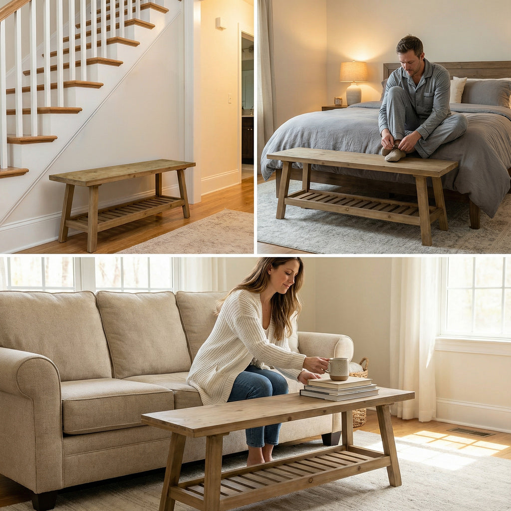 43' Farmhouse Wood Bench, 2-Tier Entryway Bench, Narrow Rustic Storage Bench with Open Storage Shelf for Entryway, Hallway, Living Room, Bedroom, Kitchen, Dining (Distressed Wood Color) - Grand Goldman Shop