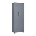 Grey Heavy Duty Metal Storage Cabinet with Locking Doors, Hanging Rod & Shelves, 65' H Broom Closet for Garage or Basement - 