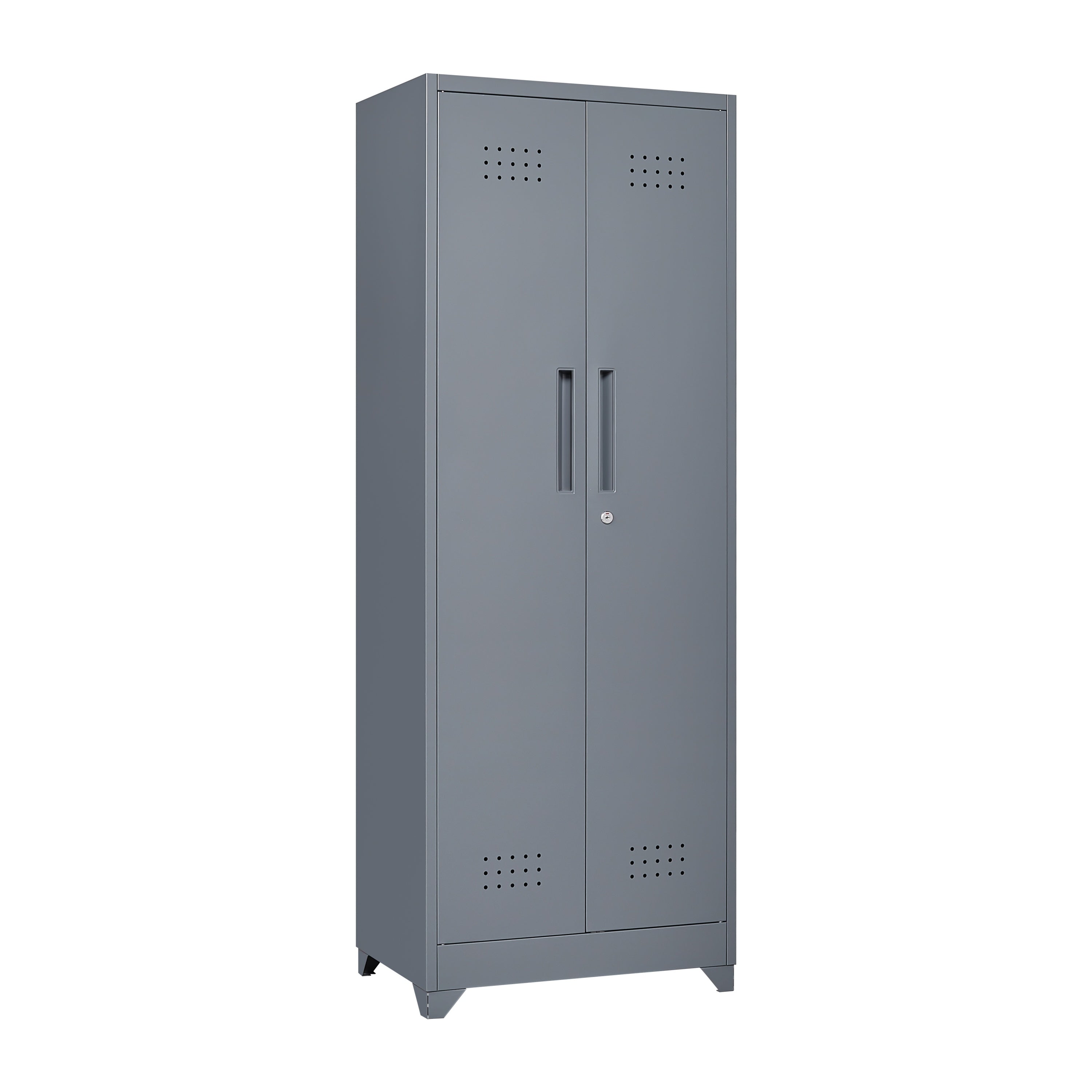Grey Heavy Duty Metal Storage Cabinet with Locking Doors, Hanging Rod & Shelves, 65' H Broom Closet for Garage or Basement - 