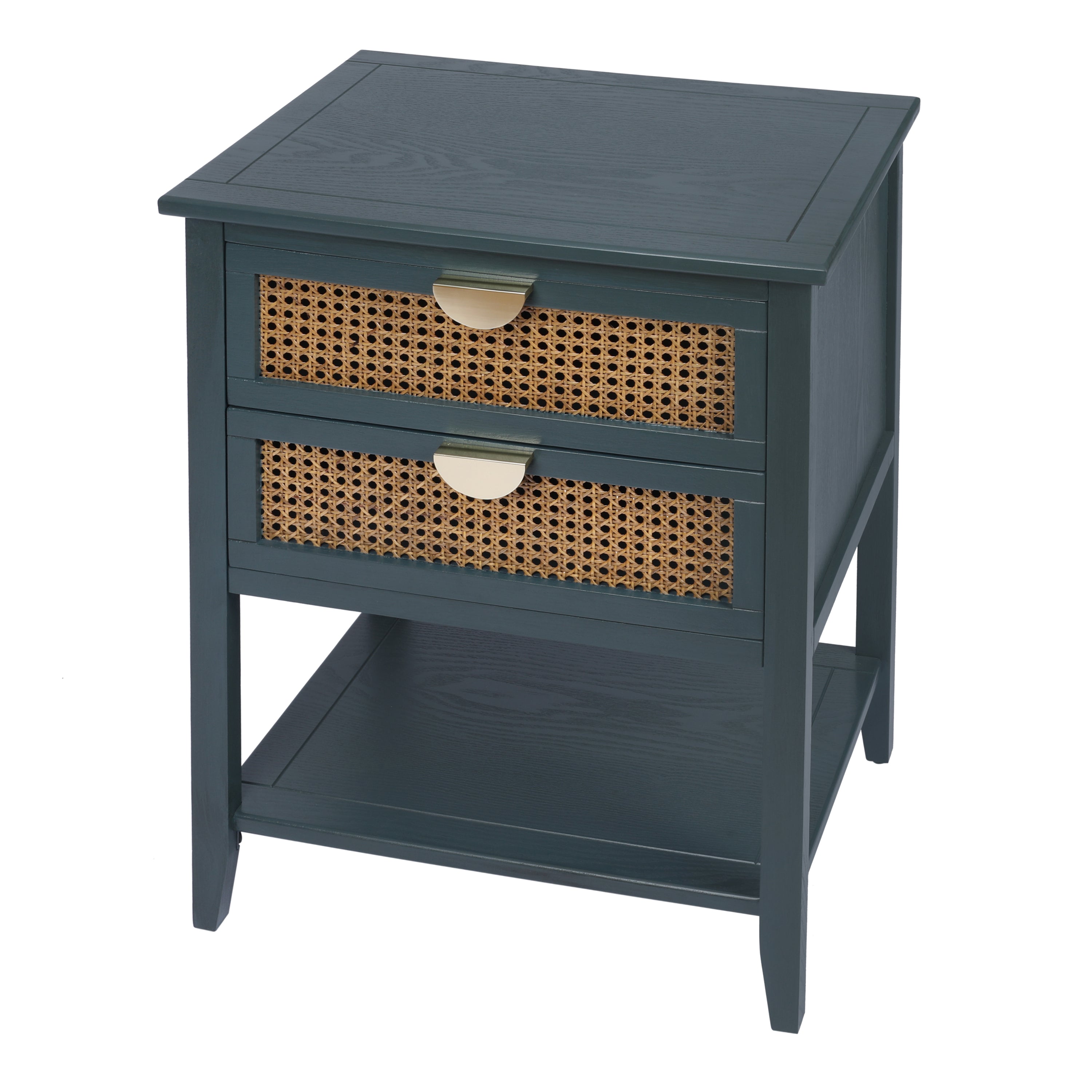 2-Drawer Side Table - Natural Rattan - End Table - Suitable for Bedroom, Living Room, or Study - Green MDF - Grand Goldman Shop