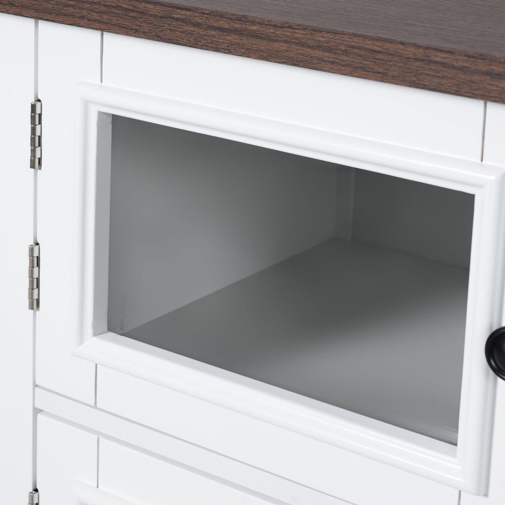 K&K 54.9' Kitchen Island with Drop Leaf, Power Outlet, Kitchen Storage Cart with 4 Door Shelves, Cross Barn Doors & Visual Glass Door, Rolling Kitchen Island on 4 Wheels for Kitchen, Dining Room,White - Grand Goldman Shop