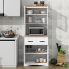 Wooden Kitchen Cabinet White Pantry Room Storage Microwave Cabinet with Framed Glass Doors and Drawer - Grand Goldman Shop