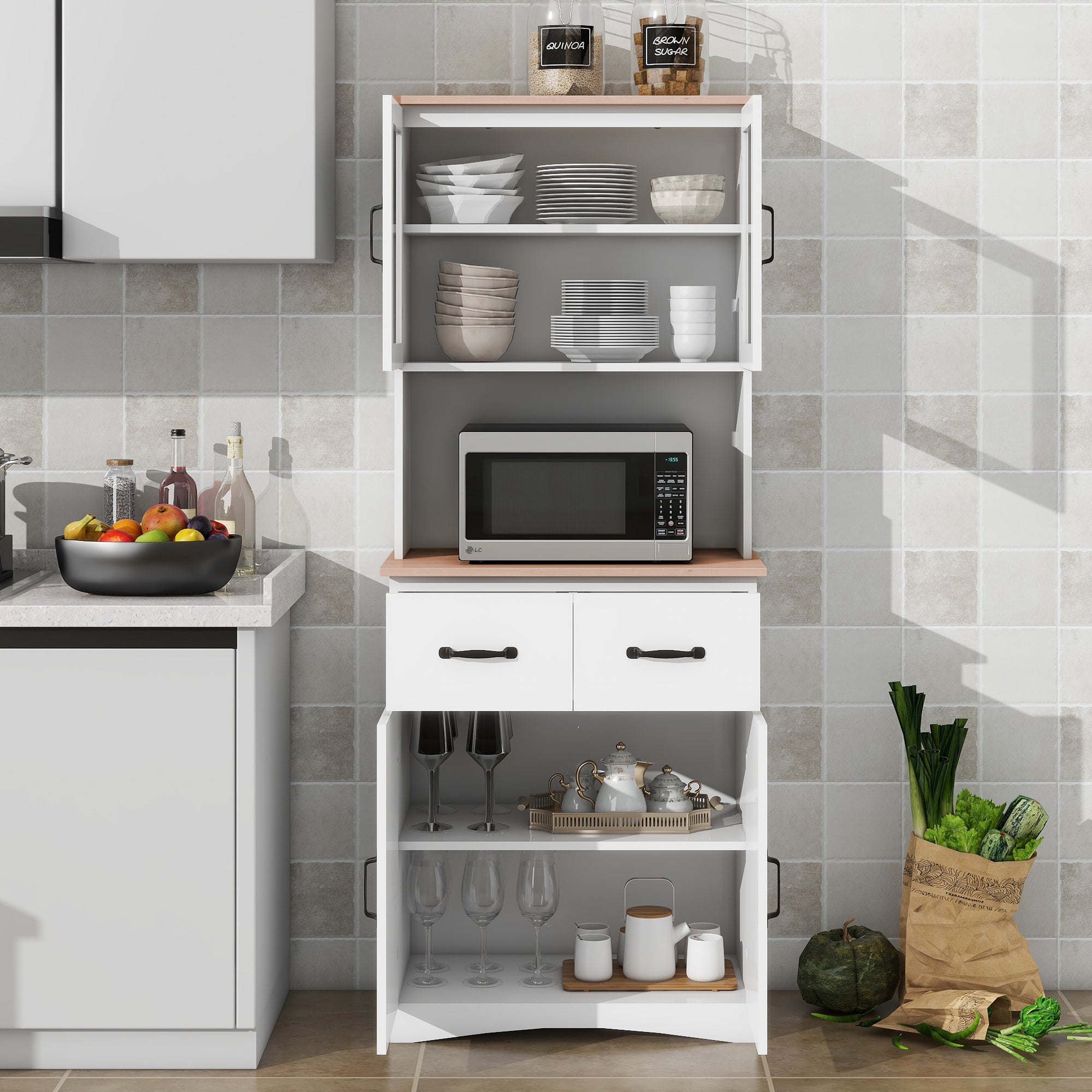 Wooden Kitchen Cabinet White Pantry Room Storage Microwave Cabinet with Framed Glass Doors and Drawer - Grand Goldman Shop