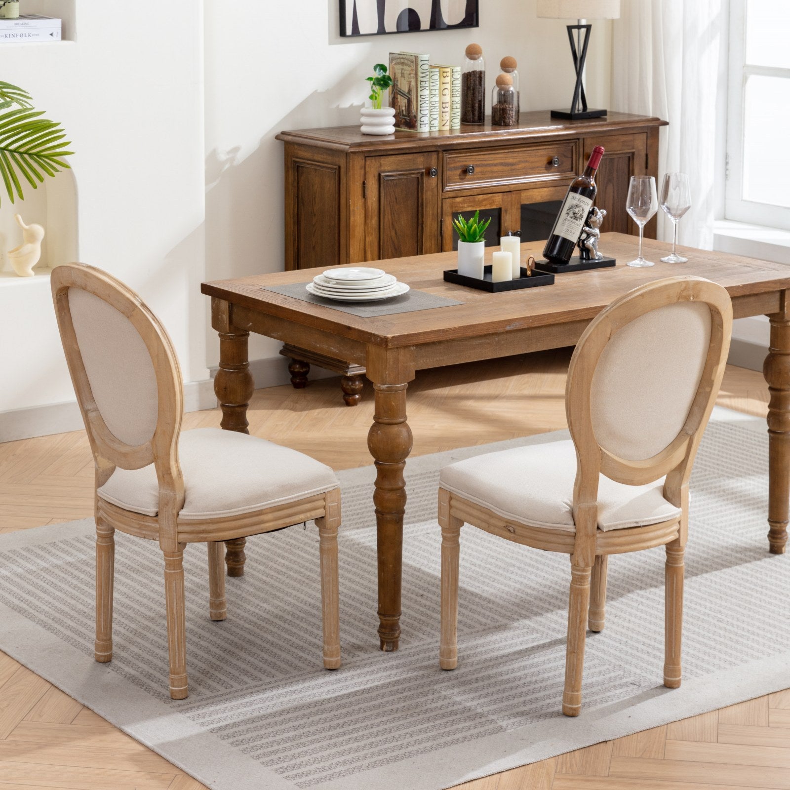A&A Furniture,French Style Solid Wood Frame Antique Painting Linen Fabric Back Dining Chair,Set of 2,Beige,SW1845BG - Grand Goldman Shop