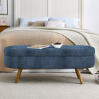 Modern Ottoman Oval Storage Bench with Rubber Wood Legs, Dark Blue Fabric, 43.5'x16'x16' - Grand Goldman Shop