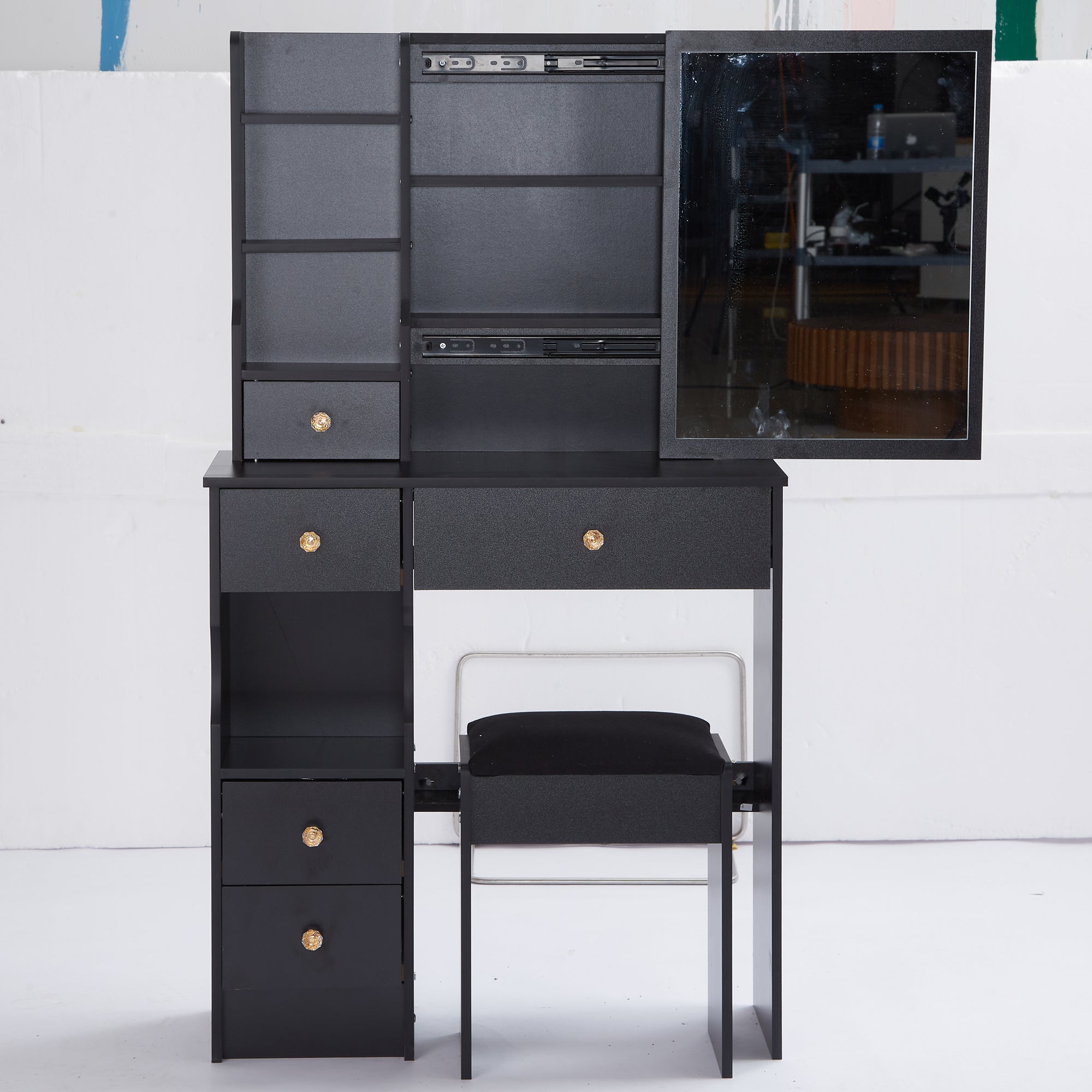 29.2' Small Size Left Drawer Desktop Vanity Table + Cushioned Stool, Extra Large Right sliding mirror, Multi Layer High Capacity Storage, Practical Fashionable Dresser, Suitable For Small Space - Grand Goldman Shop