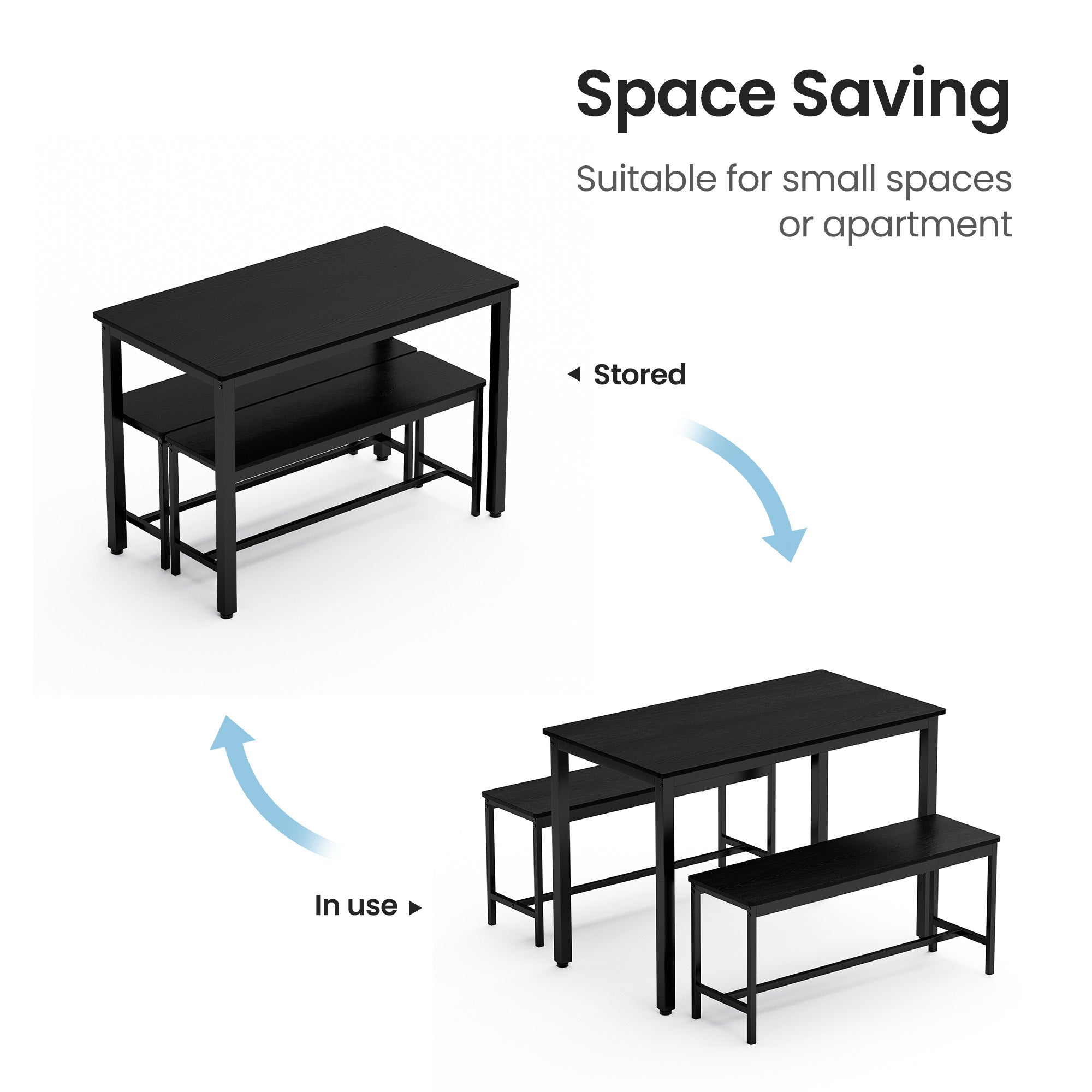 Dining Table Set, Bar Table with 2 Dining Benches, Kitchen Table Counter with Chairs, Industrial for Kitchen Breakfast Table, Living Room, Party Room, Black , 43.3″L x23.6″W x 29.9″H - Grand Goldman Shop