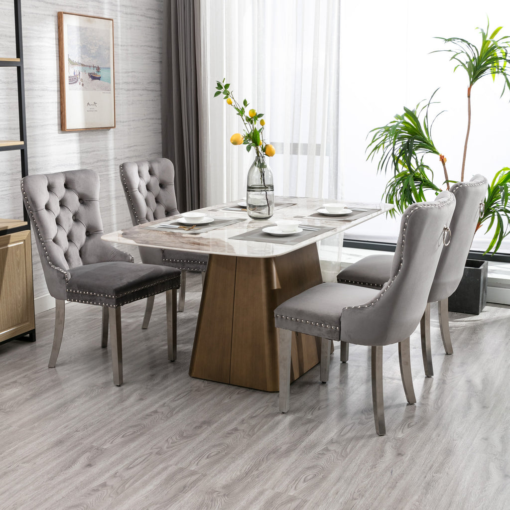 A&A Furniture,Nikki Collection Modern, High-end Tufted Solid Wood Contemporary Velvet Upholstered Dining Chair with Chrome Stainless Steel Plating Legs,Nailhead Trim,Set of 2,Gray and Chrome, SW1701GY - Grand Goldman Shop