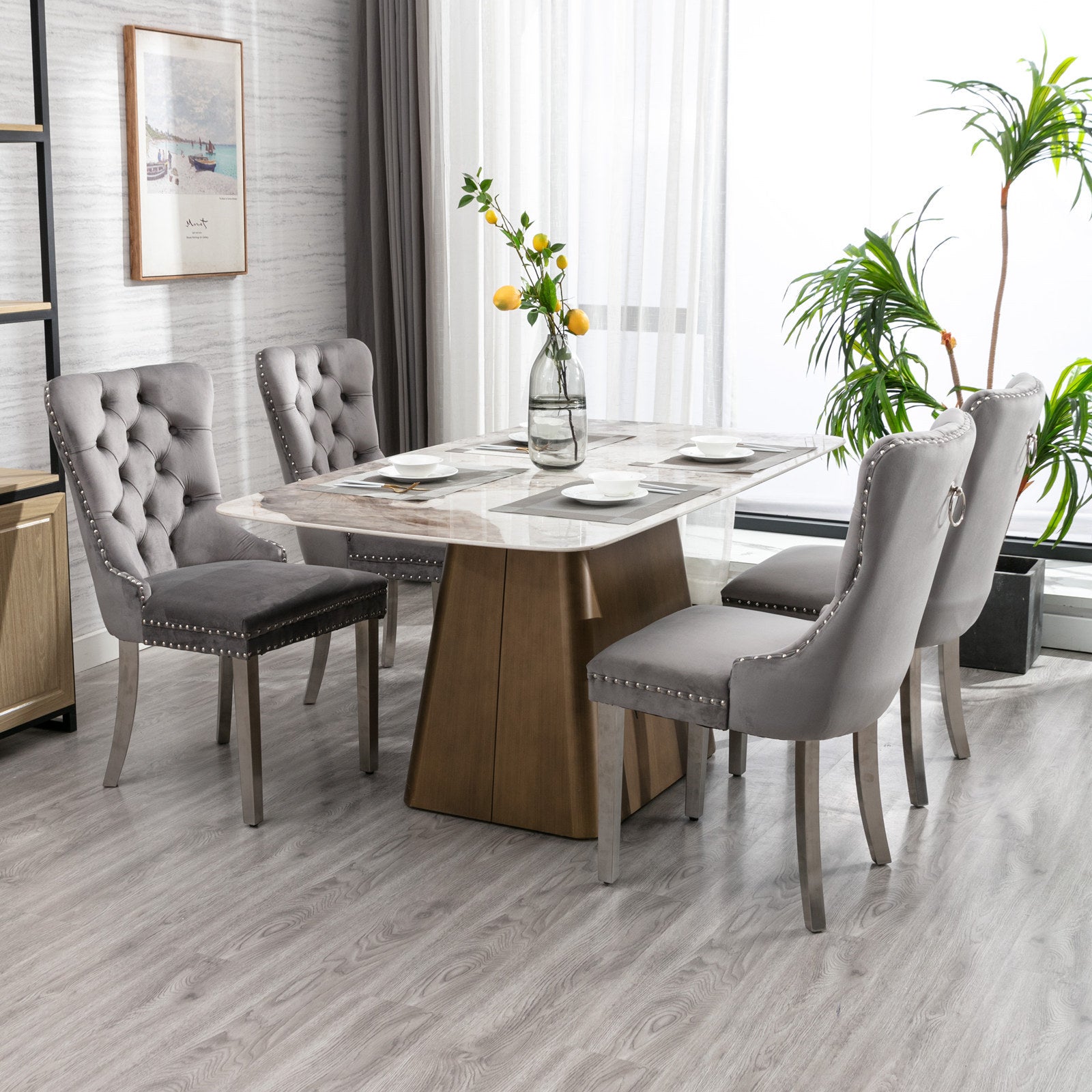 A&A Furniture,Nikki Collection Modern, High-end Tufted Solid Wood Contemporary Velvet Upholstered Dining Chair with Chrome Stainless Steel Plating Legs,Nailhead Trim,Set of 2,Gray and Chrome, SW1701GY - Grand Goldman Shop