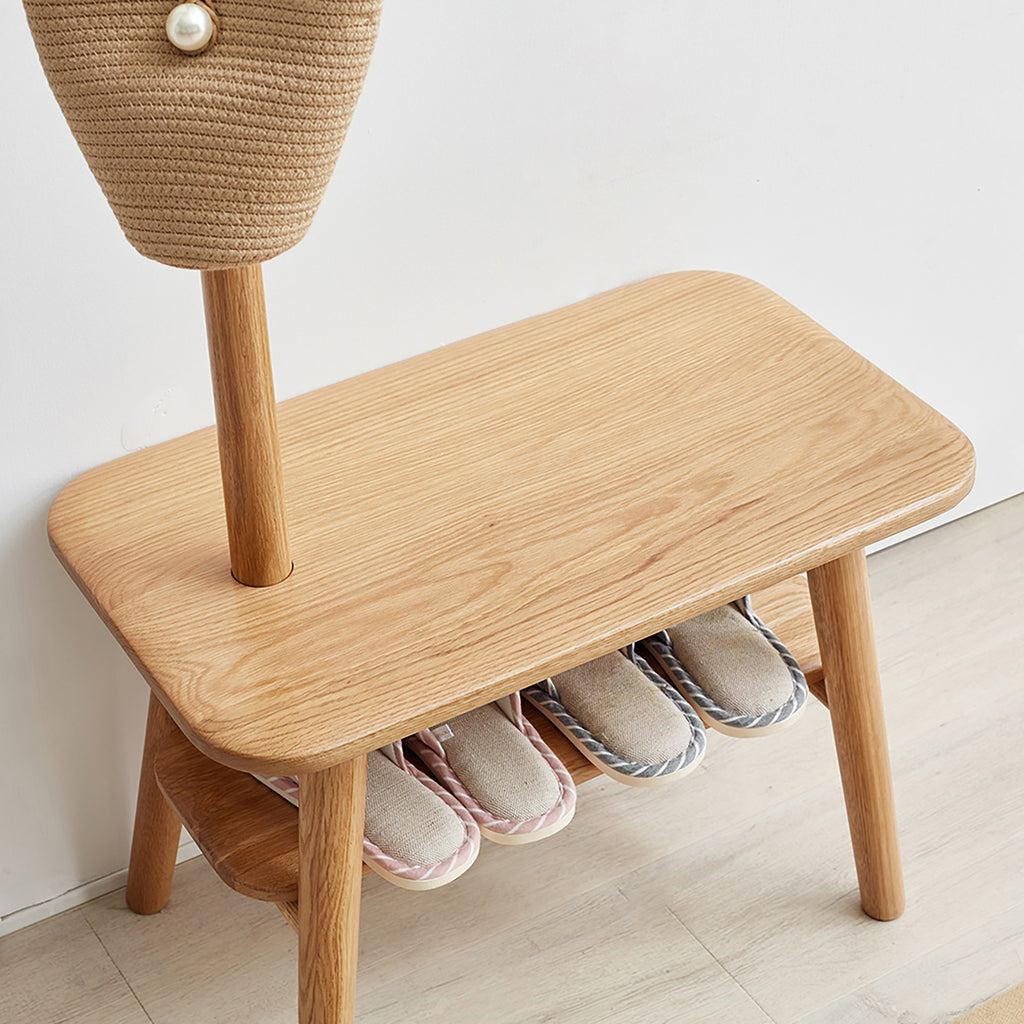 (Natural Color) Natural Solid Wood Shoe Stool With Cloth Hanger, Mid-Century Modern Storage Bench with High Rebound Sponge Cushion for Entryway and Living Spaces - Grand Goldman Shop