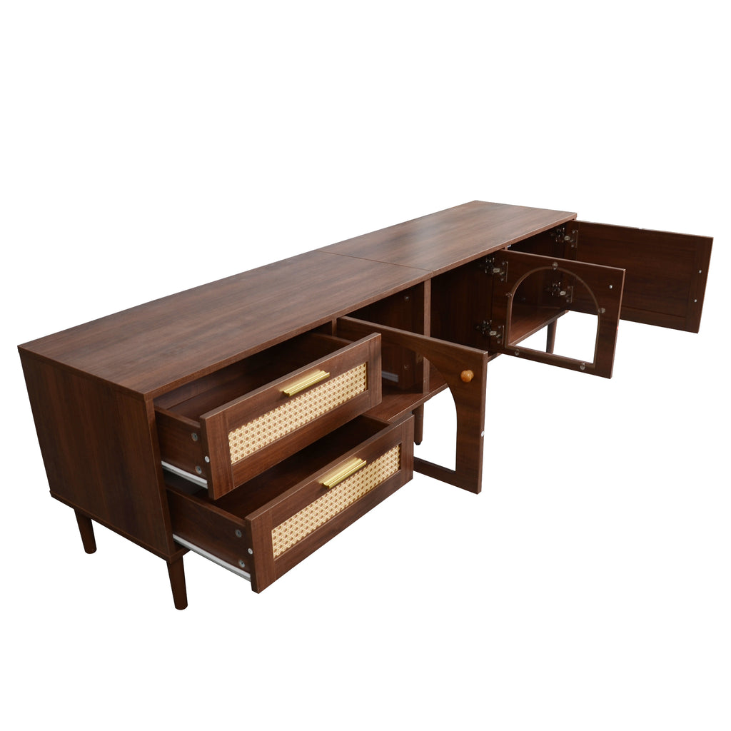 Dark Brown Rattan-inspired TV Stand with 3 Cabinets & 2 Drawers, LED Light Media Console for TVs up to 80'', MDF & Solid Wood Construction - Grand Goldman Shop