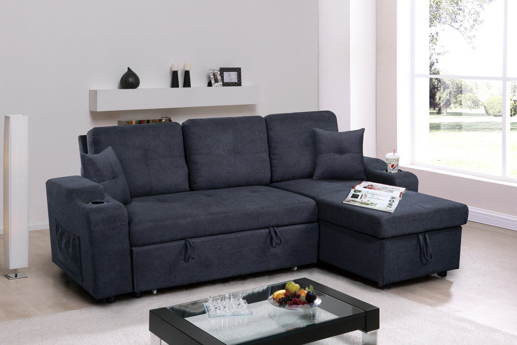 Right-facing sectional sofa with footrest, convertible corner sofa with armrest storage, living room and apartment sectional sofa, right chaise longue and  dark  grey - Grand Goldman Shop