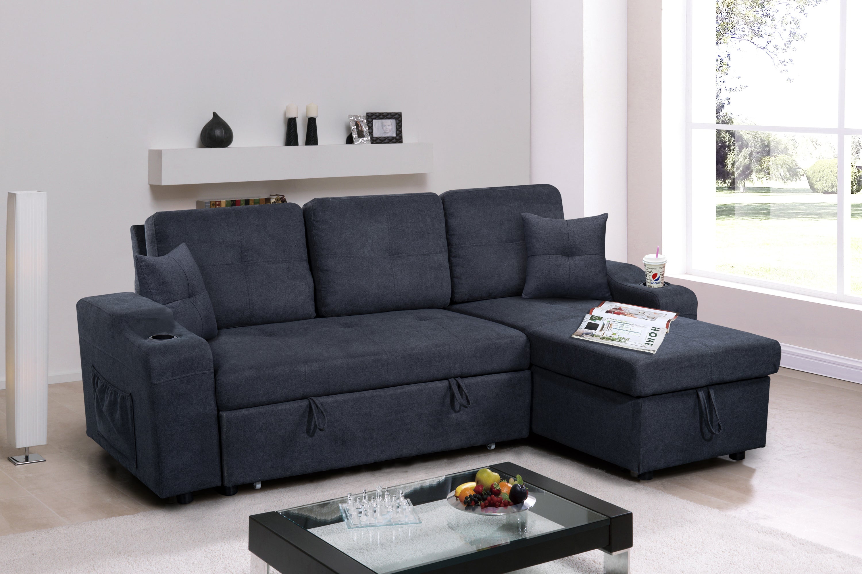 Right-facing sectional sofa with footrest, convertible corner sofa with armrest storage, living room and apartment sectional sofa, right chaise longue and  dark  grey - Grand Goldman Shop