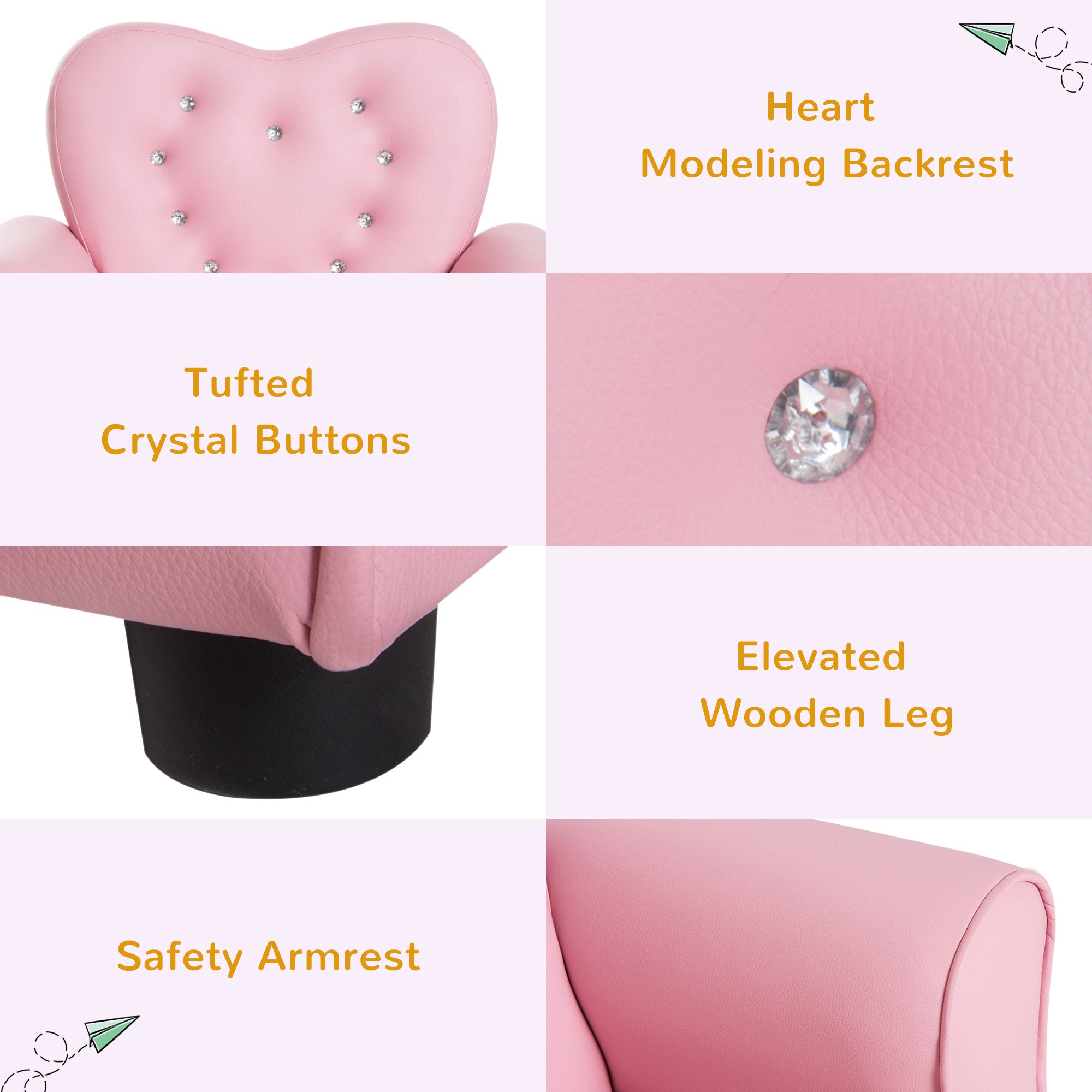 Qaba Kids Sofa Toddler Tufted Upholstered Sofa Chair Princess Couch Furniture with Diamond Decoration for Preschool Child, Pi