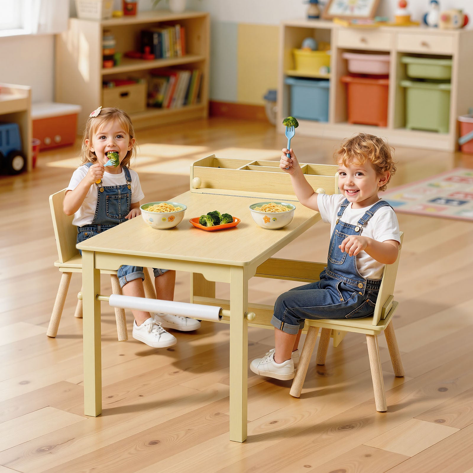 Kids Art Table and Chair Set, Toddler Craft Table with 3 Tiers Storage Cabinet, Wooden Kids Activity Play Desk with 2 Chairs,
