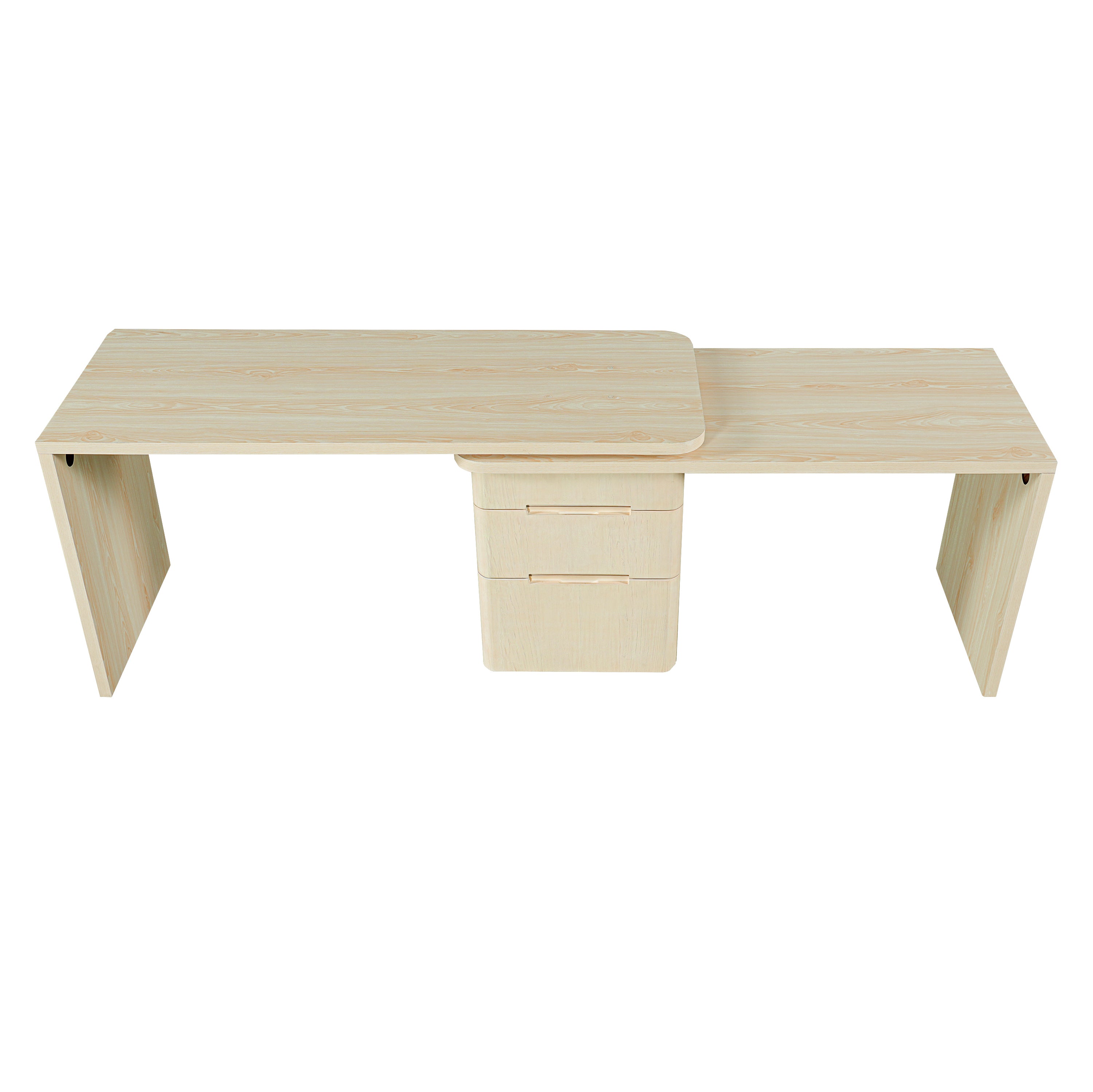 90' Modern L Shaped Desk in Natural Wood with 3 Drawers,360° Wood Rotating Desk,Executive Office Desk,Corner Desk,Office Stud