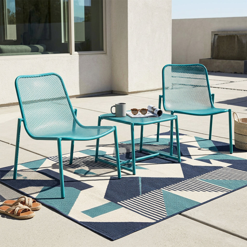 Kincaid Outdoor 3-teiliges Gesprächsset mit EISENGESTELL - 2 Mesh-Stühle & 1 Beistelltisch, Matt Teal Finish