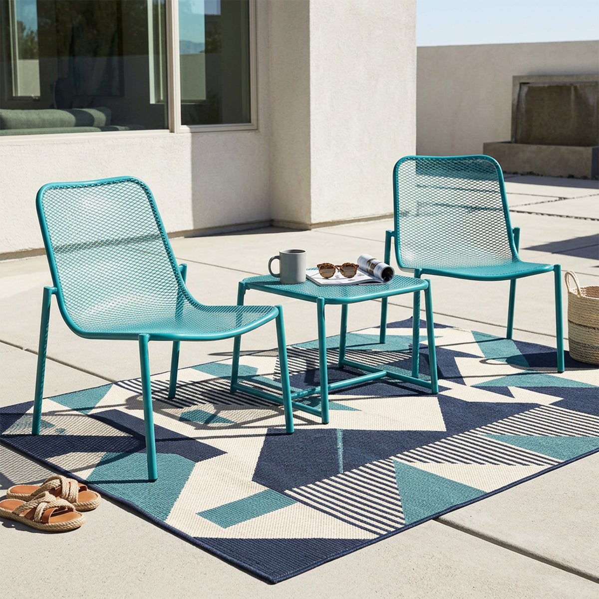 Kincaid Outdoor 3-teiliges Gesprächsset mit EISENGESTELL - 2 Mesh-Stühle & 1 Beistelltisch, Matt Teal Finish