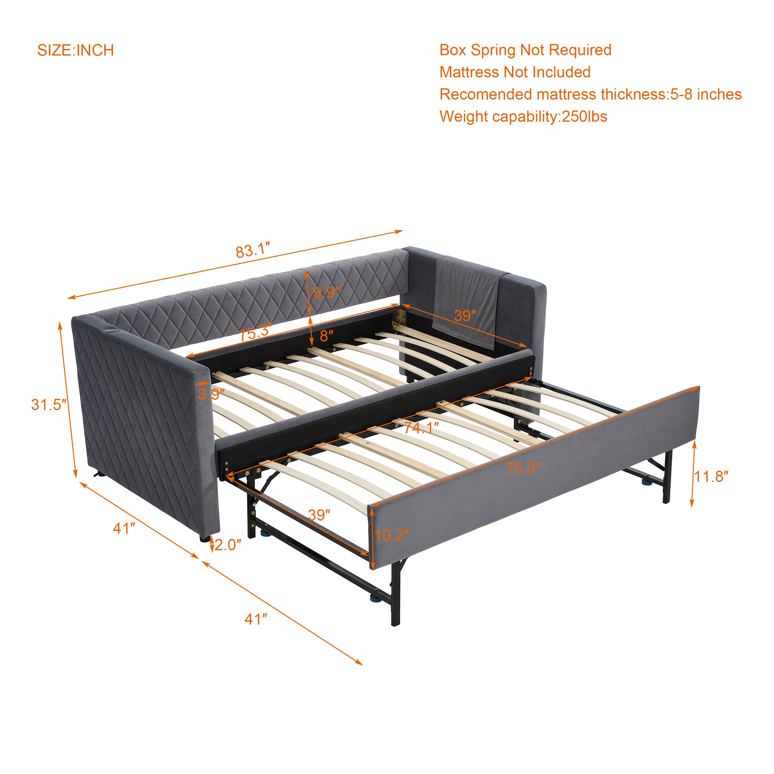 Grey velvet daybed, sturdy wooden bed frame, modern diamond grid pull-out design, perfect for bedroom, living room furniture - Grand Goldman Shop