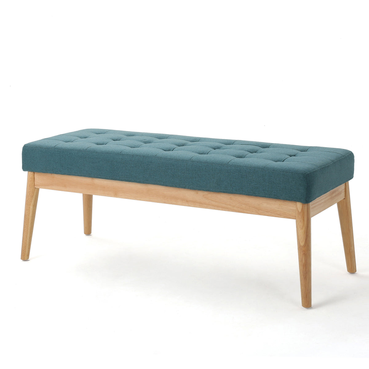 Vibratory Button Tufted Upholstered Ottoman with Splayed Wooden Legs, Teal and Natural - Grand Goldman Shop