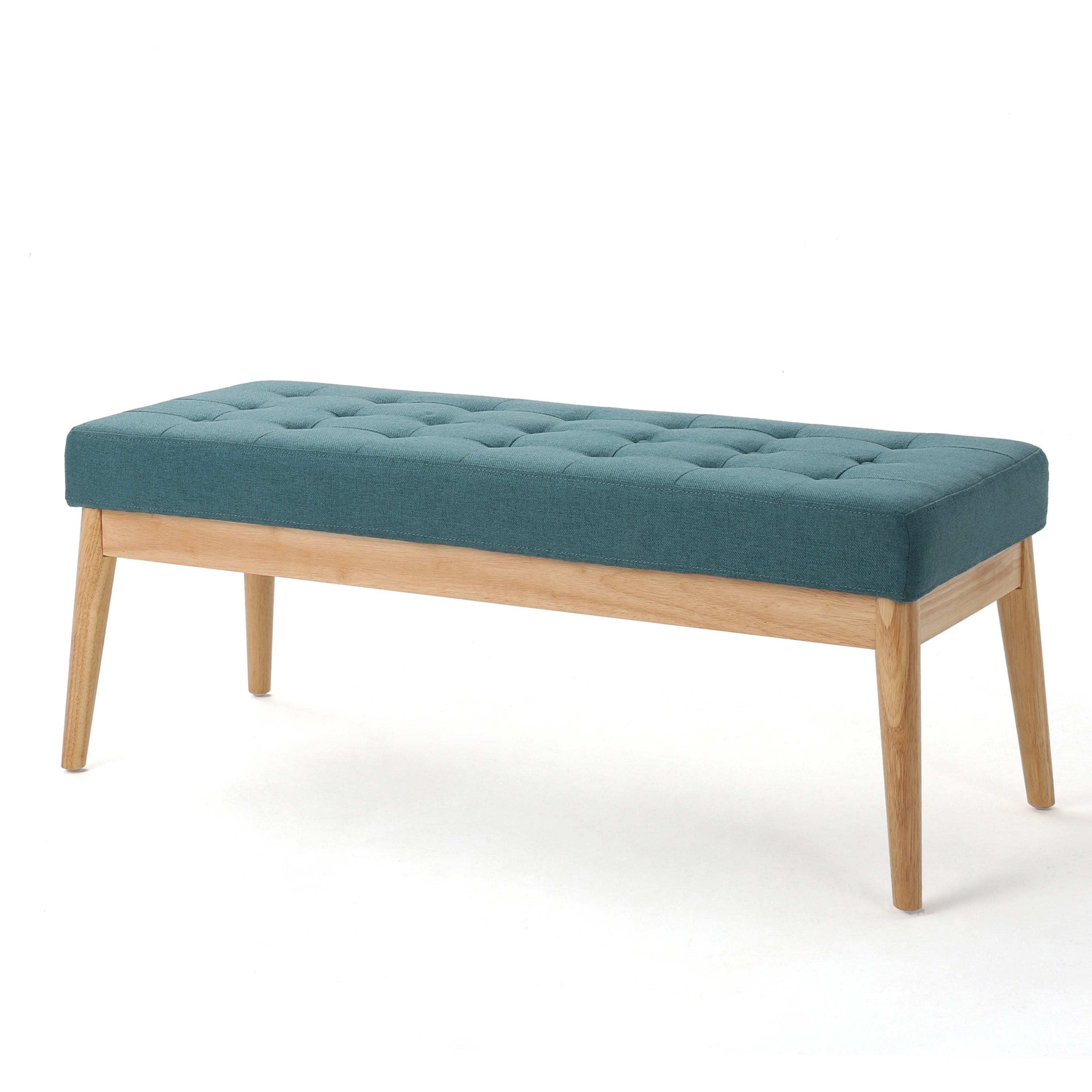 Vibratory Button Tufted Upholstered Ottoman with Splayed Wooden Legs, Teal and Natural - Grand Goldman Shop