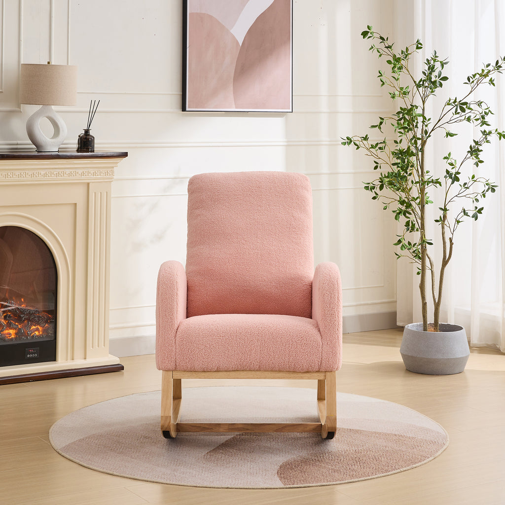27.2'W Rocking Chair for Nursery, Sherpa Glider Chair with High Back and Side Pocket, Rocking Accent Armchair with Rubber Wood Legs for Living Room/Bedroom.Pink - Grand Goldman Shop