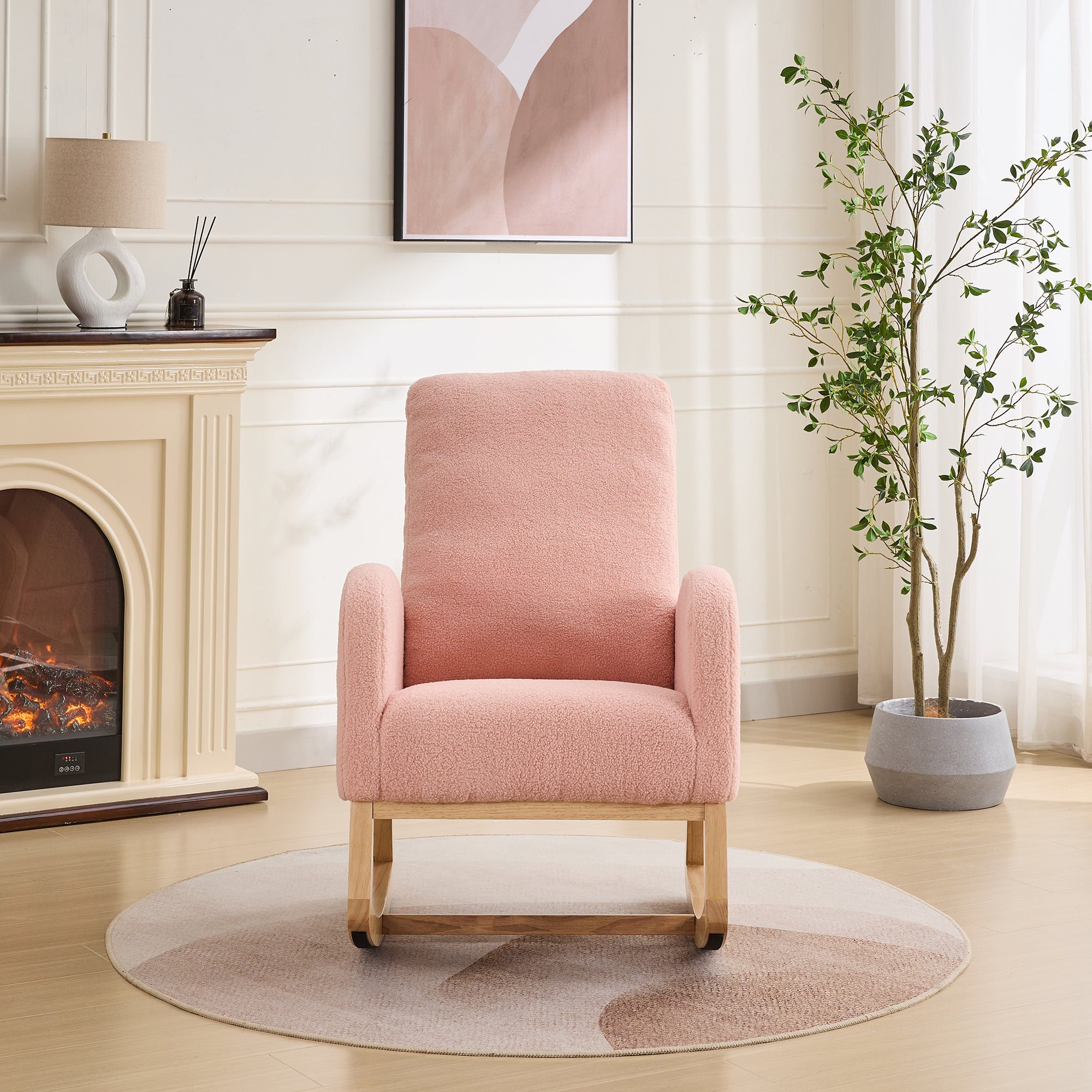 27.2'W Rocking Chair for Nursery, Sherpa Glider Chair with High Back and Side Pocket, Rocking Accent Armchair with Rubber Wood Legs for Living Room/Bedroom.Pink - Grand Goldman Shop