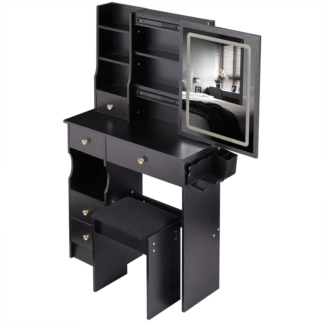 29.2' Small Size Drawer Desktop Vanity Table + Cushioned Stool, 2 AC+2 USB Power Station, Hair dryer bracket, Extra Large Touch Control Sliding LED Mirror, 3-color Switching, EPA, GCC, UL Certificate - Grand Goldman Shop