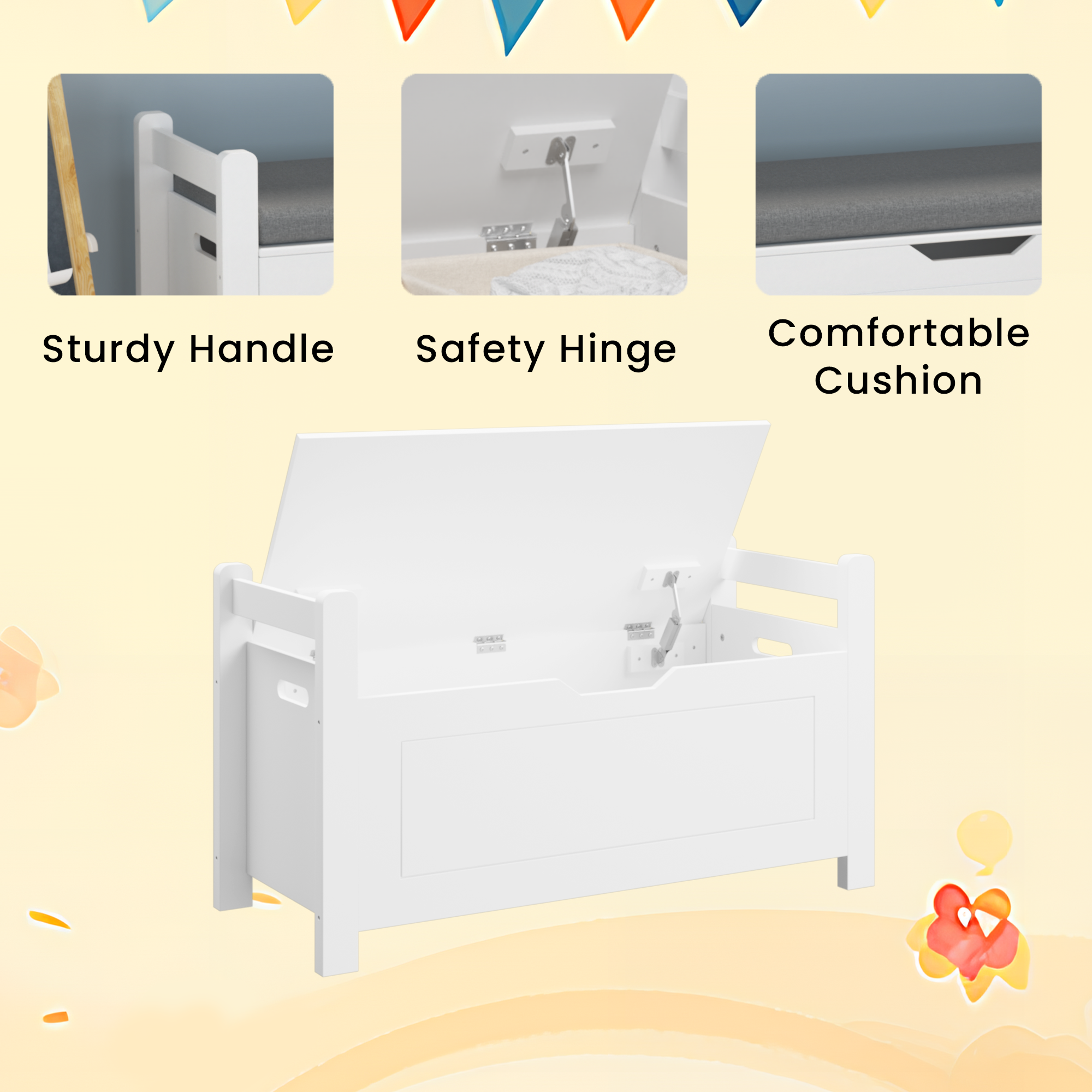 Kids Toy Box Chest White Storage Cabinet with Cushion Seat Bench Flip-Top Lid Safety Hinge for Nursery Playroom | Premium Hom