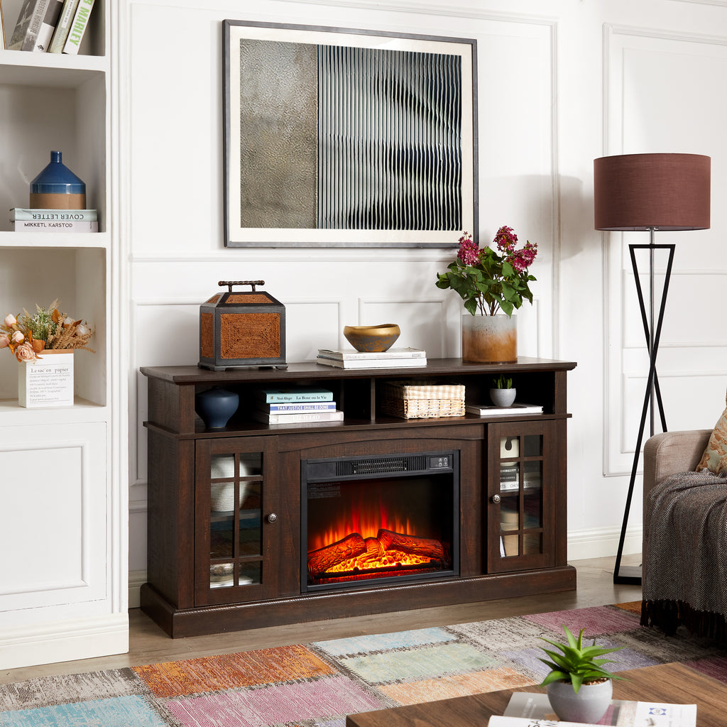 Classic TV Media Stand Modern Entertainment Console with 23' Fireplace Insert for TV Up to 65' with Open and Closed Storage Space, Espresso, 58.25'W*15.75'D*32'H - Grand Goldman Shop