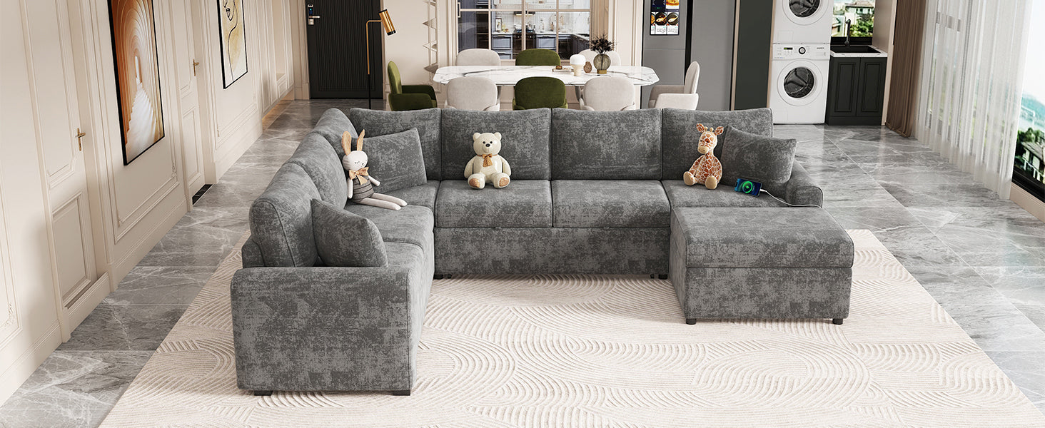 Modern Sectional Sofa Pull-out Sleeper with Storage Ottoman, USB Charging, Grey Tweed Chenille, 112.2' - Grand Goldman Shop